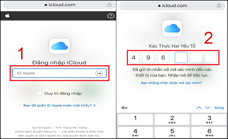 Bước 1: Truy cập https://www.icloud.com/ => nhập thông tin đăng nhập và xác thực qua mã OTP.